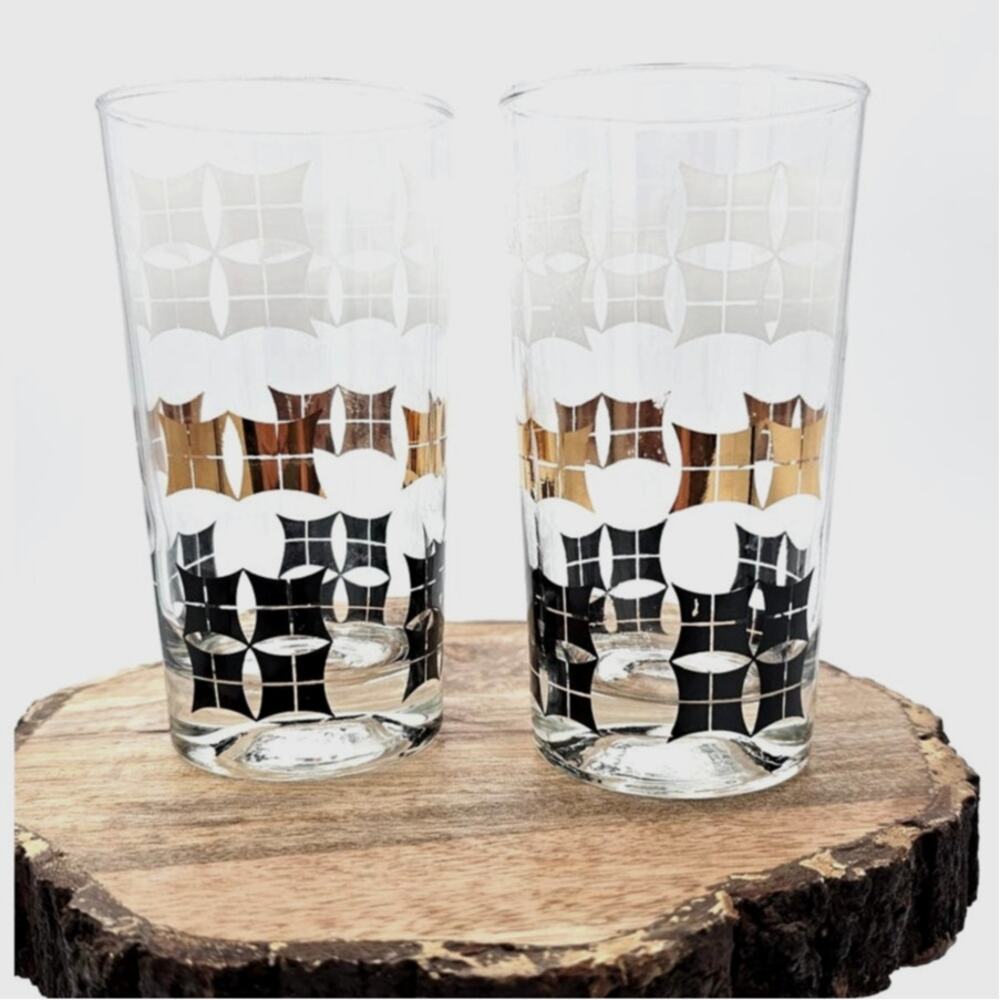 2 Vintage Highballs Retro 1960s Mid Century Modern Black White Gold Rare Design